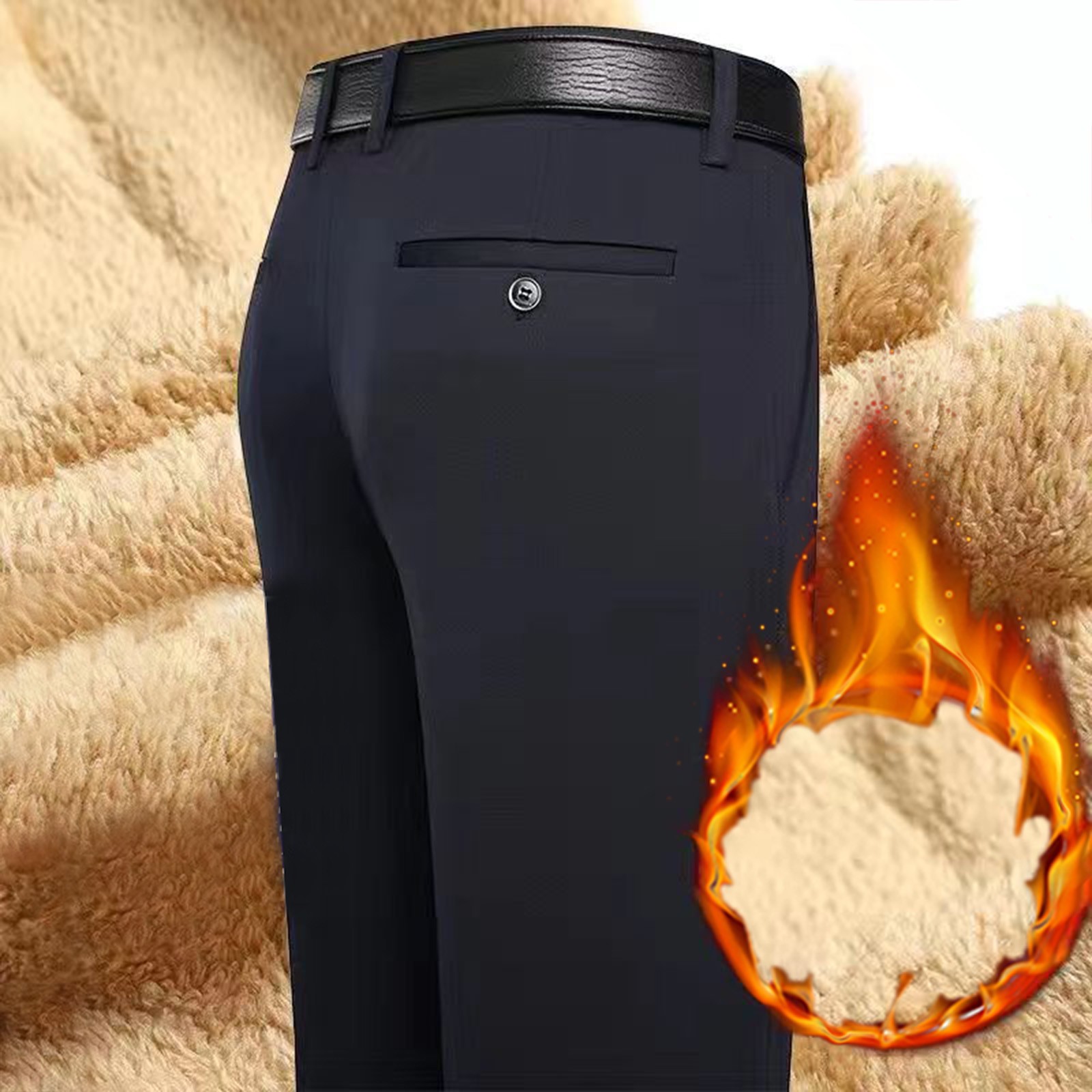 thumbnail image 5 of Pantalones largos informales para hombre: sin arrugas, con forro polar, poliéster, para todas las estaciones, informales/de negocios, tallas reales, tallas S-XXXL, fáciles de combinar con camisetas., 5 of 6